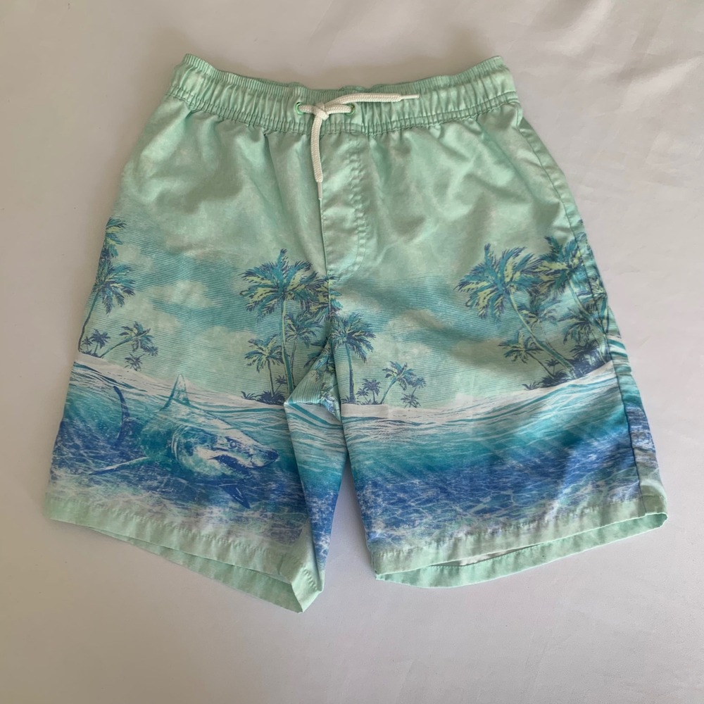 OshKosh Bgosh Shark Tropical Swim Trunks Mint Green Blue Boys 10 Beach Vacation